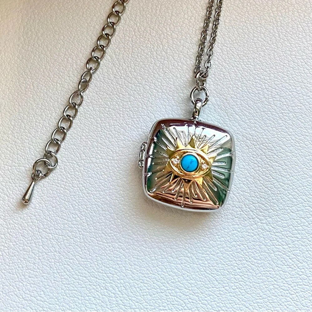 Silver Sunburst Locket Necklace with Turquoise Accent